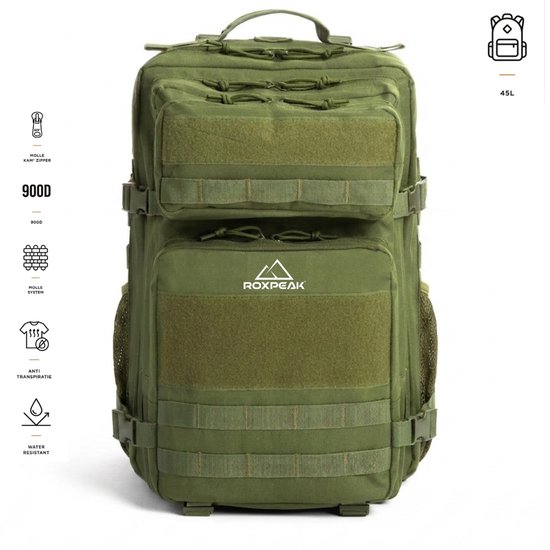 RoxPeak® TitanPack S1 - Outdoor Rugzak - 45L - Tactical Backpack – 17 Inch Laptopvak – 900D Polyester – MOLLE Systeem – Waterafstotend – Hiking, Camping & Reisrugzak – Groen