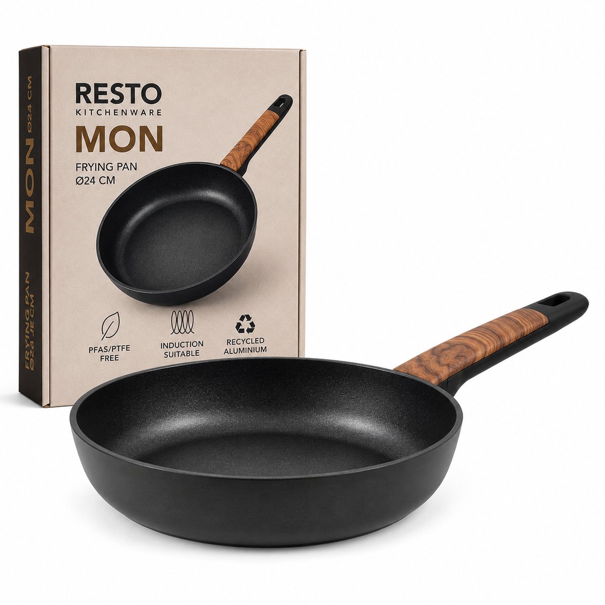 RESTO Mon Koekenpan 24 cm – Inductie Geschikt – Gerecycled Aluminium – 4-Laagse Anti-aanbaklaag – PFAS/PTFE Vrij – Professionele Frypan