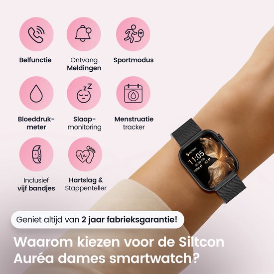 Dichtbij een vrouwenpols met zwarte smartwatch om de pols. Toont functies: belfunctie, meldingen, sportmodus.