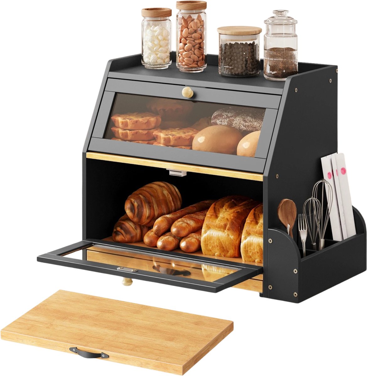Stervia Bamboe Brood Bewaardoos - Brood Bewaarbak - 3 Laags - Incl. Uitschuifbare Snijplank - Bestekhouder - Zwart - 46 x 25 x 37 cm