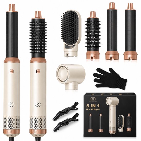 Golden Goods® Airstyler - Fohnborstel - Multistyler - Krulborstel tot 110ºC - Krultang 5-in-1 - Hairwrap Föhn met 5 opzetstukken - 1000W Haardroger Styler - Incl. Hittebestendige Handschoen