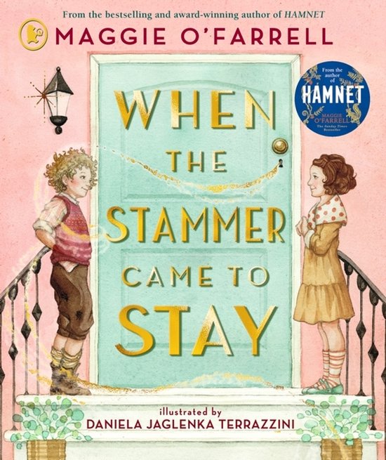 Boekomslag van "When the Stammer Came to Stay" door Maggie O'Farrell. Een jongen en een meisje staan voor een mintgroene deur. Geïllustreerd door Daniela Jaglenka Terrazzini.