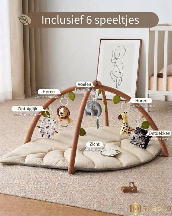 TRESTO - Babygym - jungle speelmat - leerzaam - 0 tot 2,5 jaar - blad design - dieren - speelkleed - 2 in 1 - Beige van TRESTO — afbeelding 5