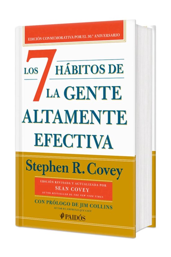 Boek "Los 7 Hábitos de la Gente Altamente Efectiva" met rode en gele accenten.