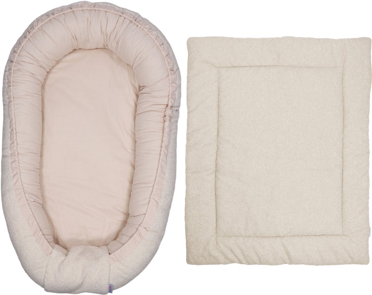 MamaLoes - Teddy Boucle Babynest & Boxkleed Set - Omkeerbaar - Naturel - Zacht Katoen & Teddy Stof - Met Koordjes & Drukkers - 80x100 cm - Vanaf Geboorte