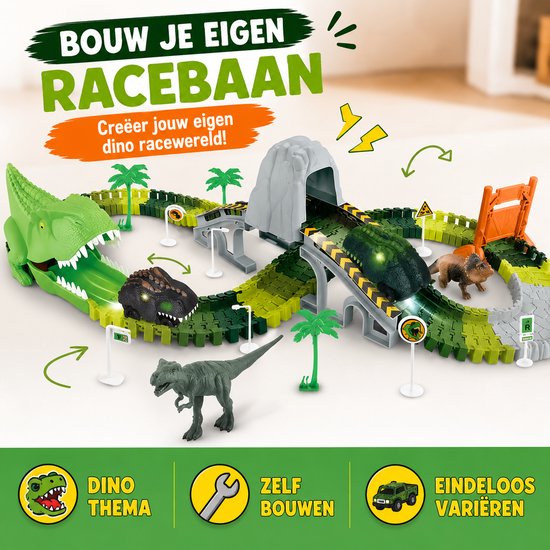 Circuit de dinosaures avec des sections de piste vertes et noires, un tunnel, des ponts, une voiture dinosaure et 3 dinosaures.