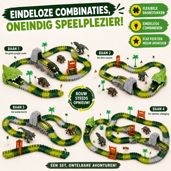 Quatre configurations de circuits de dinosaures: route de jungle, canyon de dinosaures, virage rapide et défi ultime.