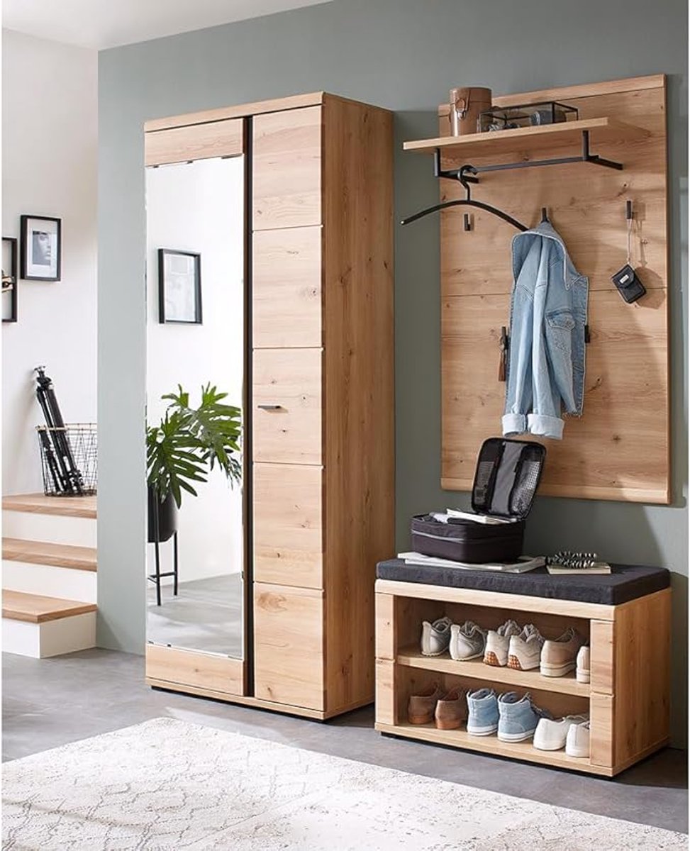 Garderobeset met Schoenenbank en Garderobekast – 3-delige Gangmeubel Set van Massief Essenhout met Spiegel, Kapstokpaneel, Soft-Close Deuren, Modern Bruin – 40 x 175 x 203 cm