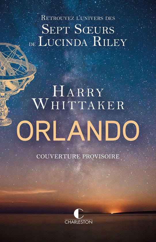 Couverture du livre 'Orlando' en grandes lettres dorées, avec un ciel étoilé et un astrolabe.