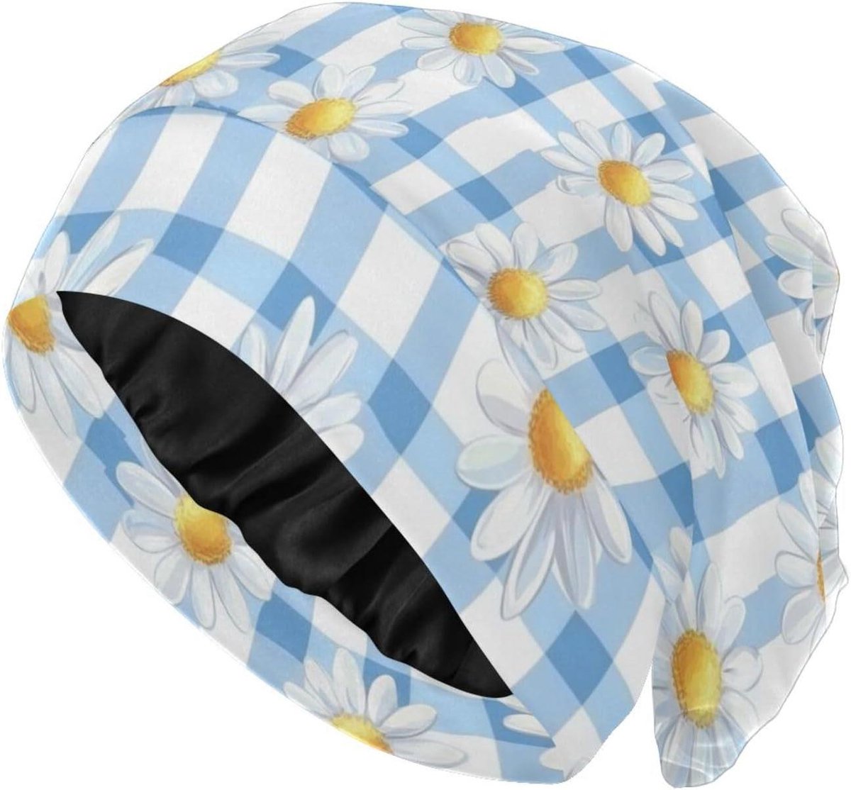 Satijnen Slaapmuts - Haar Cover - Haar Beschermen - Dubbellaags Ontwerp - Verstelbaar - Blauw Wit Daisy