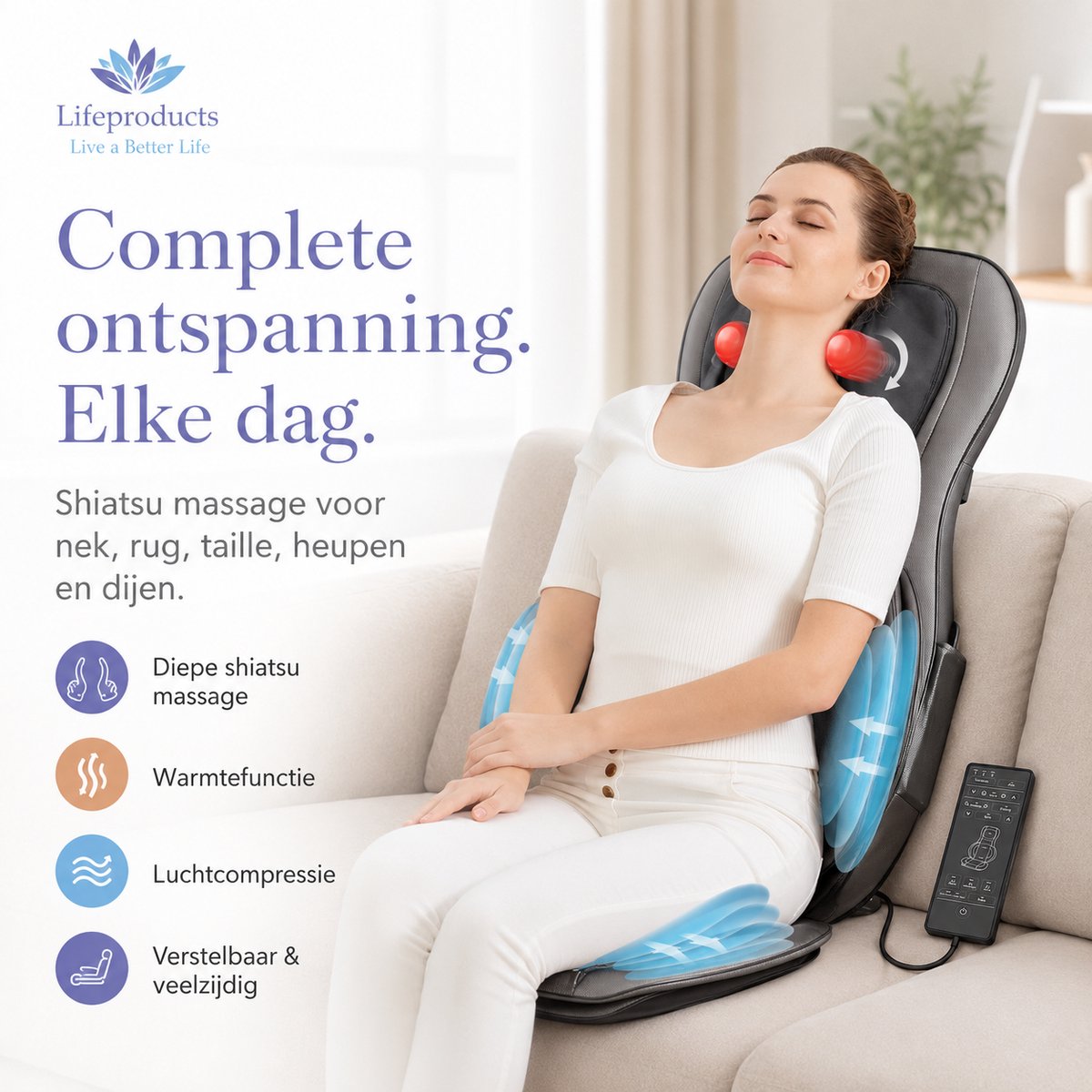 Lifeproducts Massagestoel - Rugmassage Apparaat - Shiatsu Rug Massagekussen - Massage Apparaat voor Nek en Rug - Massage Stoel met Infrarood Verwarming thumbnail 2