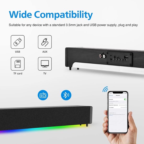 Soundbar met afstandsbediening - Kleine luidspreker - Muziek en film - Kleurveranderende lichten - 43.5 cm - Zwart — afbeelding 5