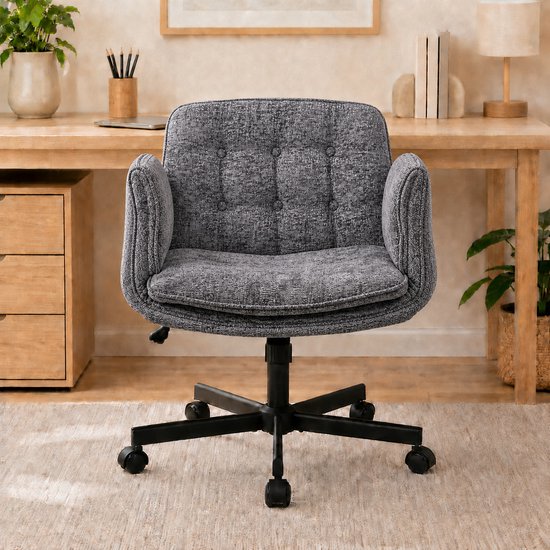Ergonomische Bureaustoel - Cross-Legged Stoel met 5-Traps Armleuningen - Comfortabele Bureaustoelen voor Volwassenen - Chenille & Memory Foam - Donkergrijs