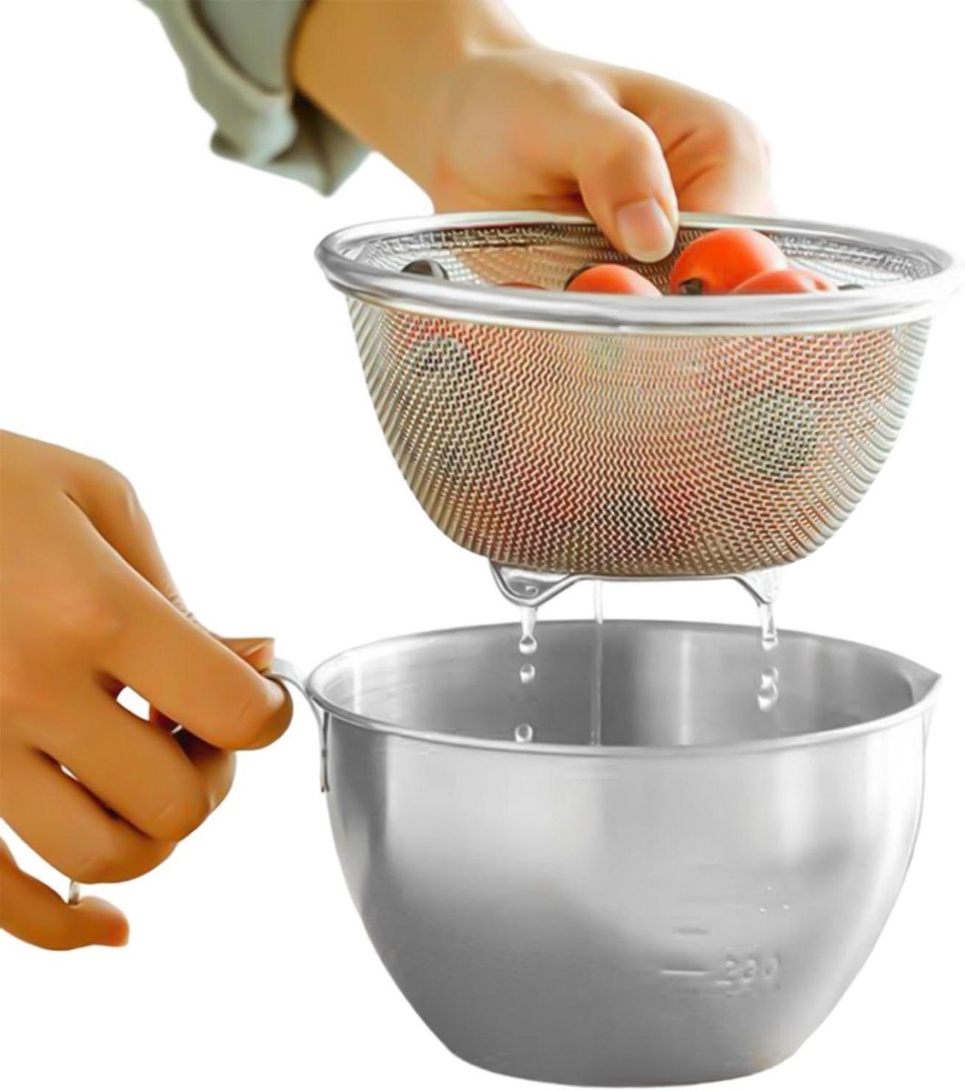 Slakom met vergiet - Uitlekbakjes met handvat - Maaltijdbereiding - Duurzaam roestvrij staal - 400 ml - Zilver