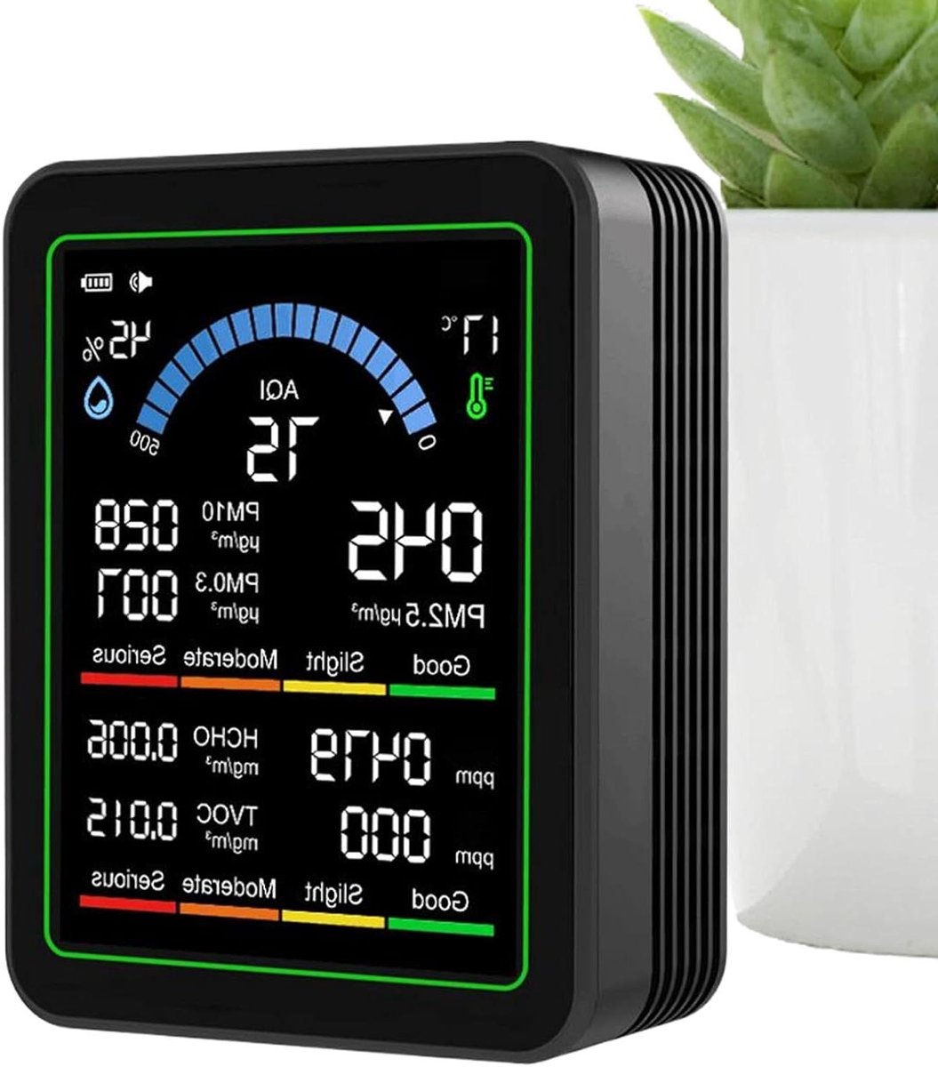 Luchtkwaliteitsmonitor - Luchtmeter Tester - Binnenlucht Meten - 10-in-1 Detectie - 14.7 x 9.8 x 4.8 cm - Zwart