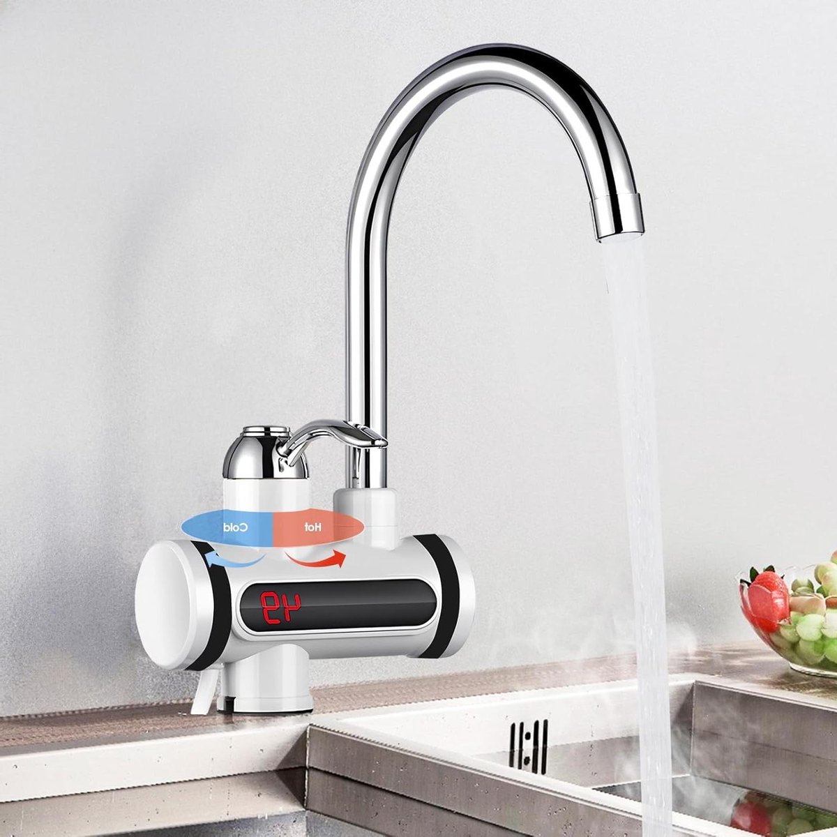 Elektrische Warmwaterkraan - Directe Boiler Kraan - Snel Water Verwarmen - Digitaal LED Display - 3000 Watt - Zilver