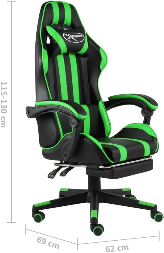 Racestoel met voetensteun - Gamestoel race - Comfortabel gamen - Volledig liggende positie - 62x69x130 cm - Zwart groen — afbeelding 4