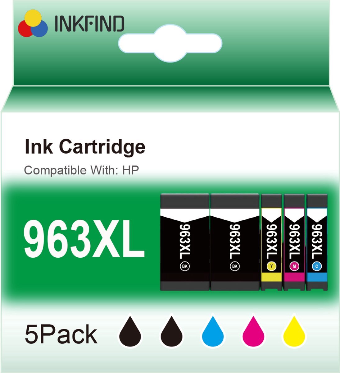 INKFIND 963XL inkt voor HP 963 HP963 HP 963XL 3YP35AE 3JA30AE 3JA27AE 3JA28AE 3JA29AE HP963 XL inktcartridges van 5 stuks (2 x Zwart, 1 x Cyaan, 1 x Magenta, 1 x Geel) voor HP OfficeJet Pro 9010, 9014, 9012, 9020, 9025, 9015, 9016, 9019, 9022, 9018