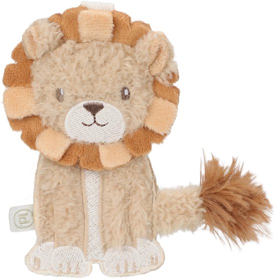 Pluche leeuwenfiguur met manen van beige en bruine stof, op witte achtergrond.