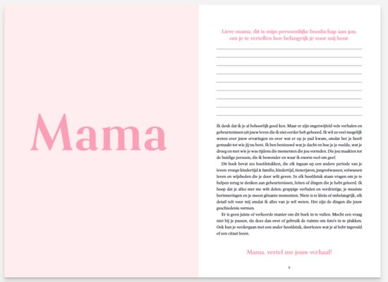 Pagina met 'Mama' in grote letters en persoonlijke vragen voor moeders. Roze tekst op witte achtergrond.