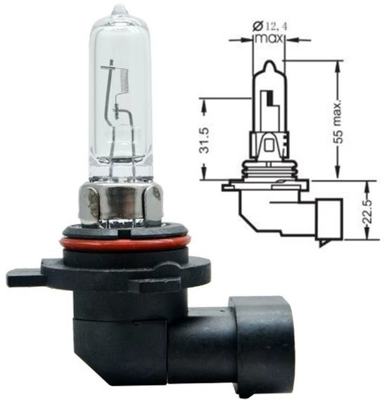 Een halogeen autolamp met zwarte connector, rode ring en technische tekening.