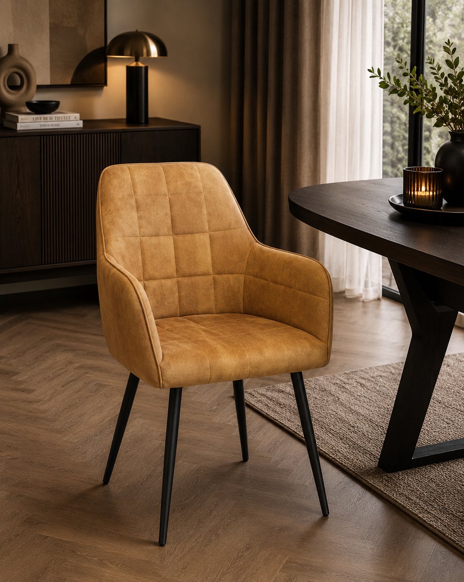 Eetkamerstoel Emma – Velvet Stof – Gold – Luxe Eetkamerstoel met Armleuningen – Comfortabele Zitting & Metalen Poten