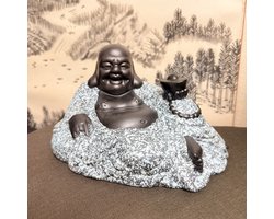 Lachende Boeddha Beeldje met goudstaaf - Maitreya Boeddha Grijnzend Liggend - Handgemaakt Keramiek - Zwart met Blauw - Feng Shui Geluk & Welzijn 21cm