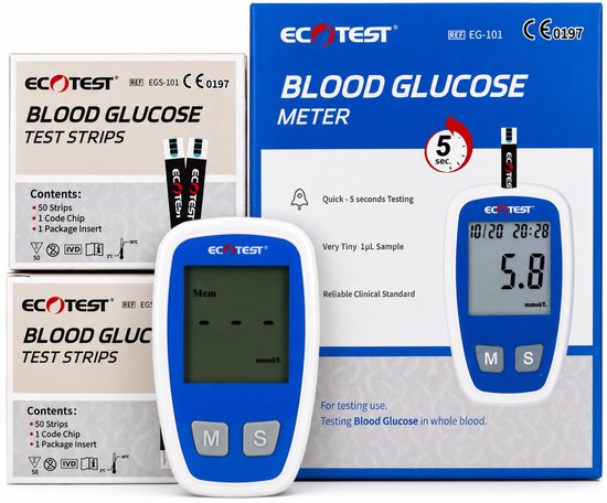 Ecotest glucosemeter startpakket – 100 teststrips en lancetten