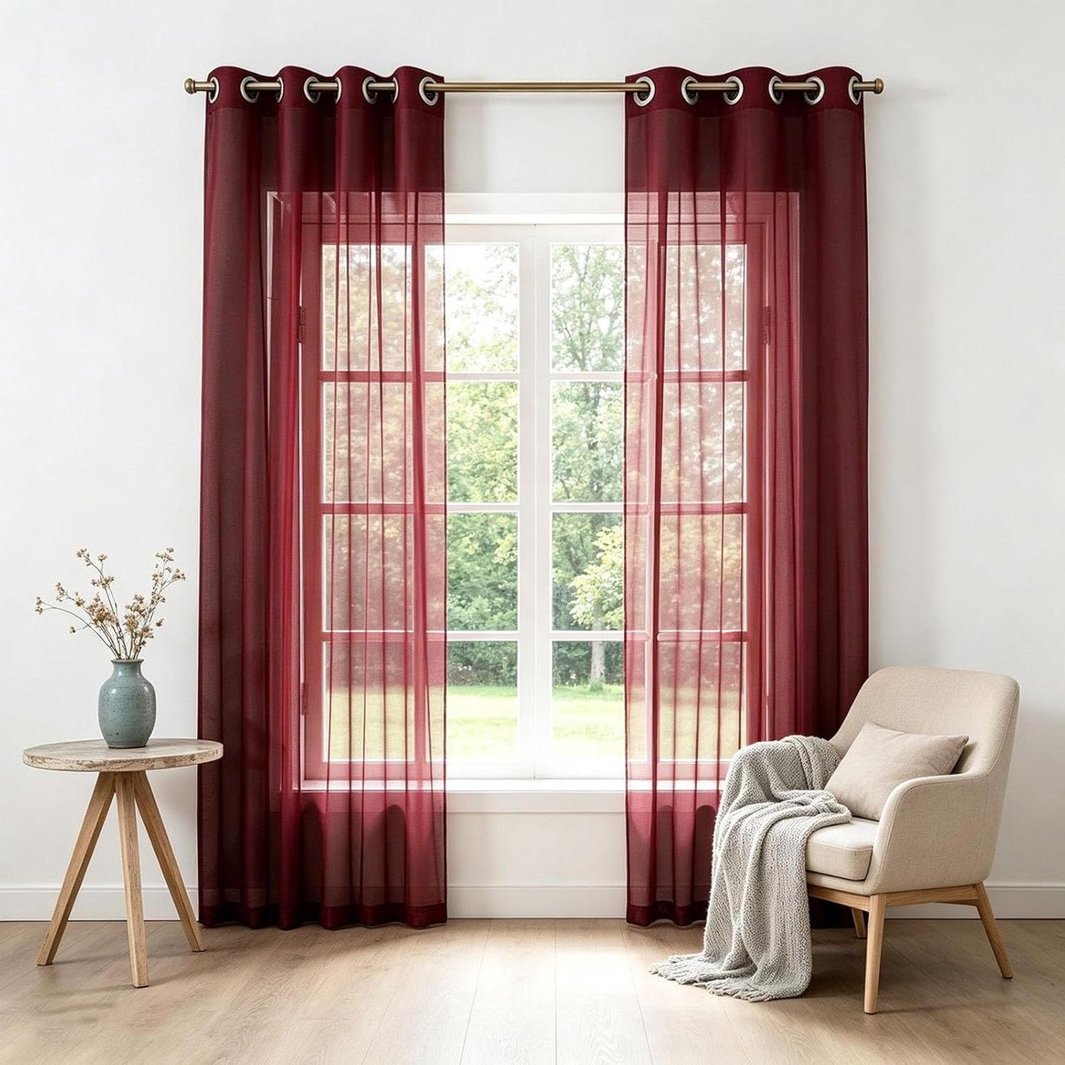 Voile Gordijnen - Linnenlook Tule - Privacy Creëren - Half-Transparant - 230 x 200 cm - Rood