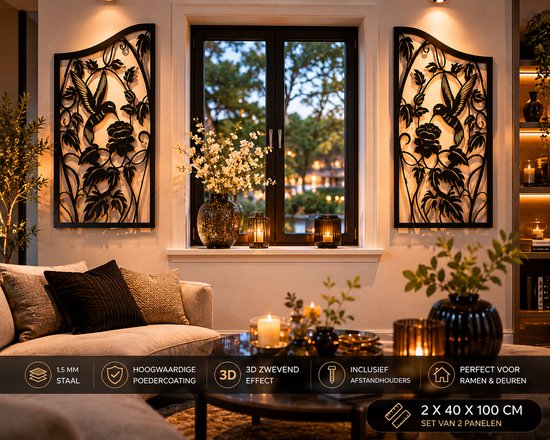 Décoration murale 3D en métal avec volets décoratifs (Lot de 2) – Design Colibri & Fleur – Décoration murale de luxe pour salon et couloir – Noir – 40x100cm
