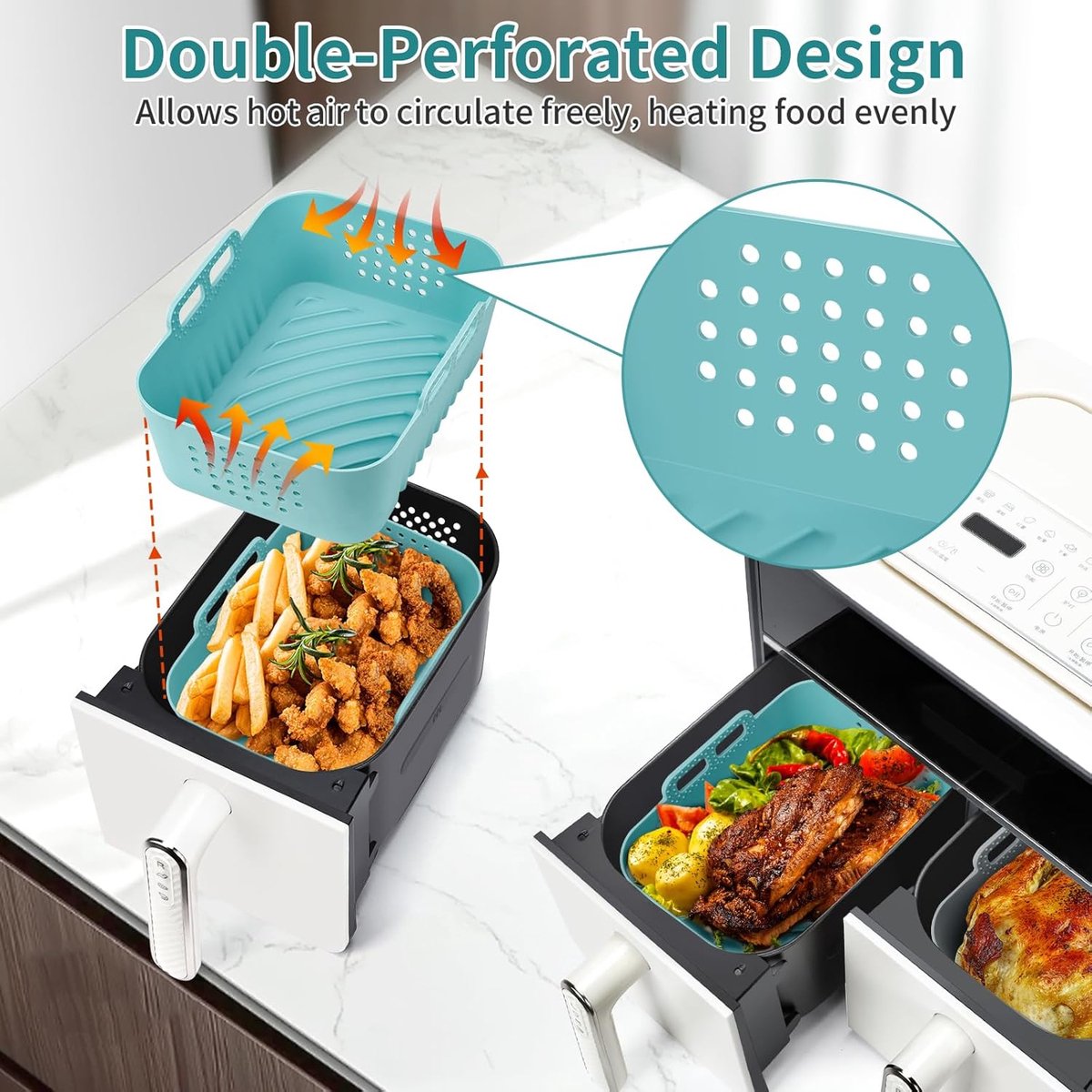 Airfryer Liners Siliconen Herbruikbare Bakjes Gezond Koken Dubbelzijdig Geperforeerd 19x14x7 cm Grijs Blauw