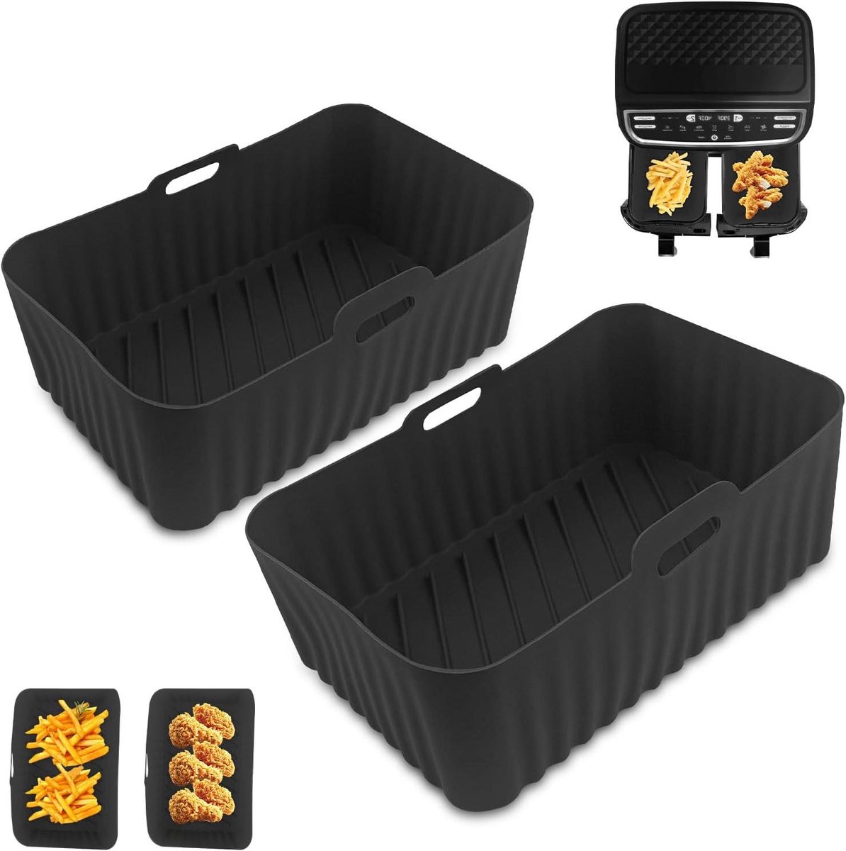 Airfryer Mand - Siliconen Bakvorm - Gezonder Koken - Olie Afvoer Design - 2 Stuks 19x12x7 cm - Zwart