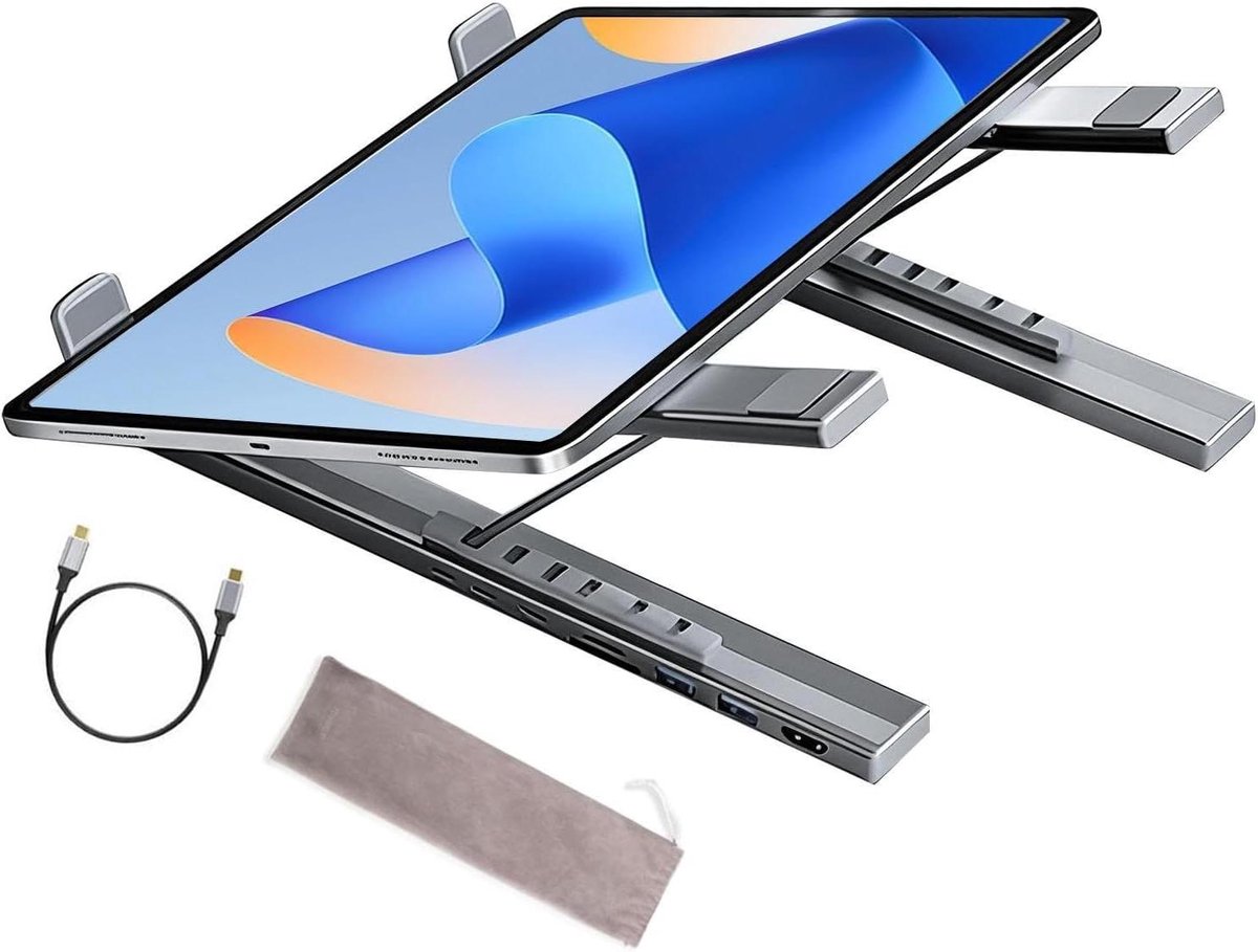 Laptopstandaard Hub - Draagbare Standaard - Ergonomisch Werken - 8-in-1 Poorten - 4K HDMI - Zilver