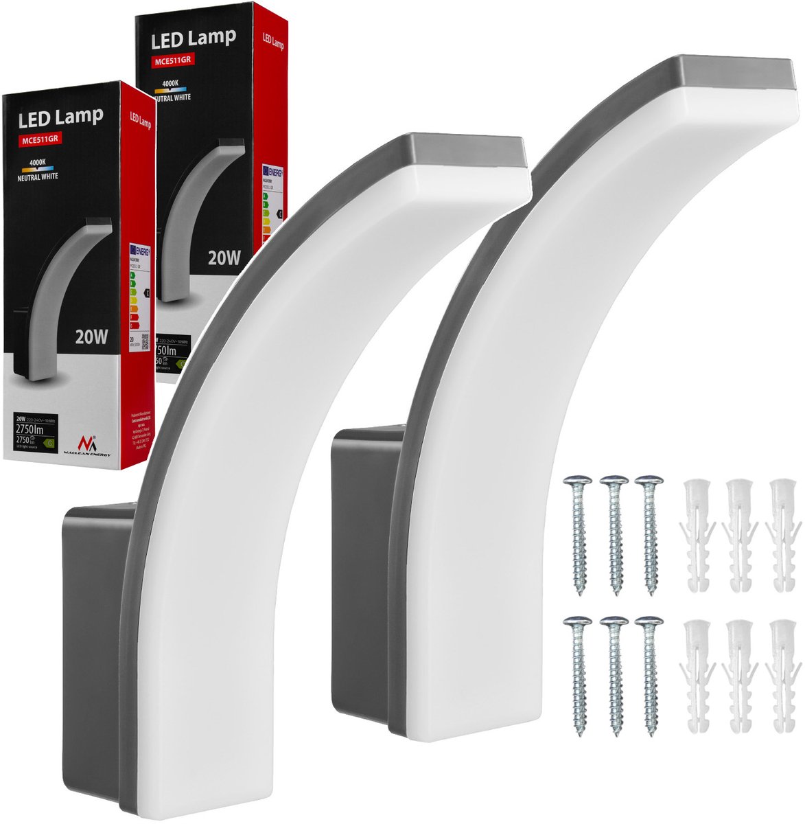 Maclean - LED lamp - 2 stuks Buitenlamp - Wandlamp - PIR - 20W - 2750lm - IP65 - neutraal wit 4000K - Grijs - MCE511 GR