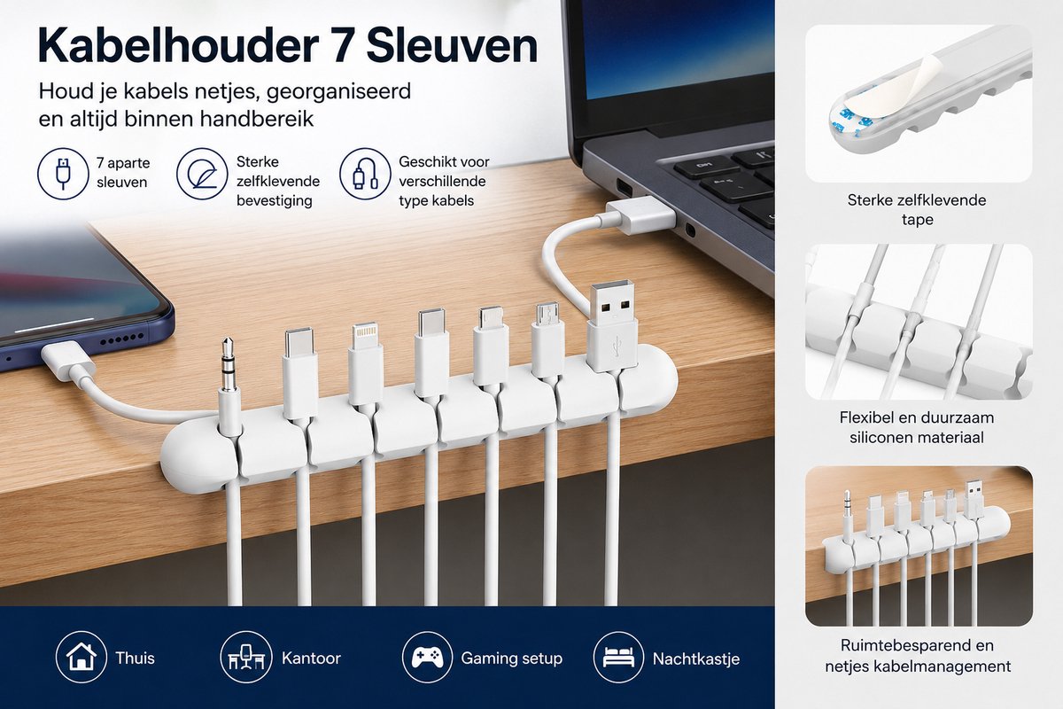 Kabelhouder 7 Sleuven – Zelfklevende Kabel Organizer – Kabelmanagement voor Bureau – Geschikt voor USB, USB-C, Oplaadkabels en Koptelefoonkabels – Wit