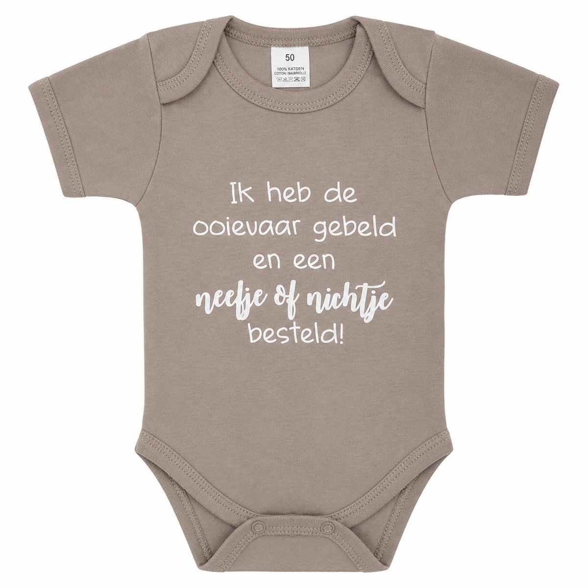 romper baby tekst zwangerschaps aankondiging ik heb de ooievaar gebeld en een nichtje of neefje besteld beige korte mouw jongen of meisje maat 50-56