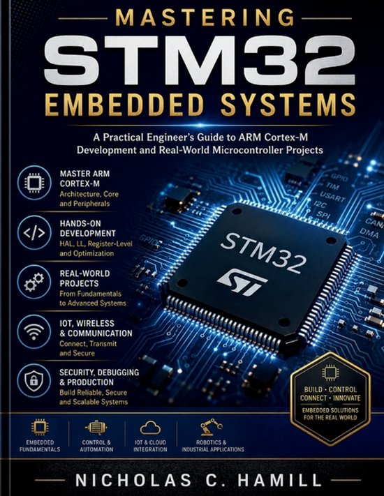Couverture du livre intitulée 'Mastering STM32 Embedded Systems'. Au premier plan, un microcontrôleur STM32.