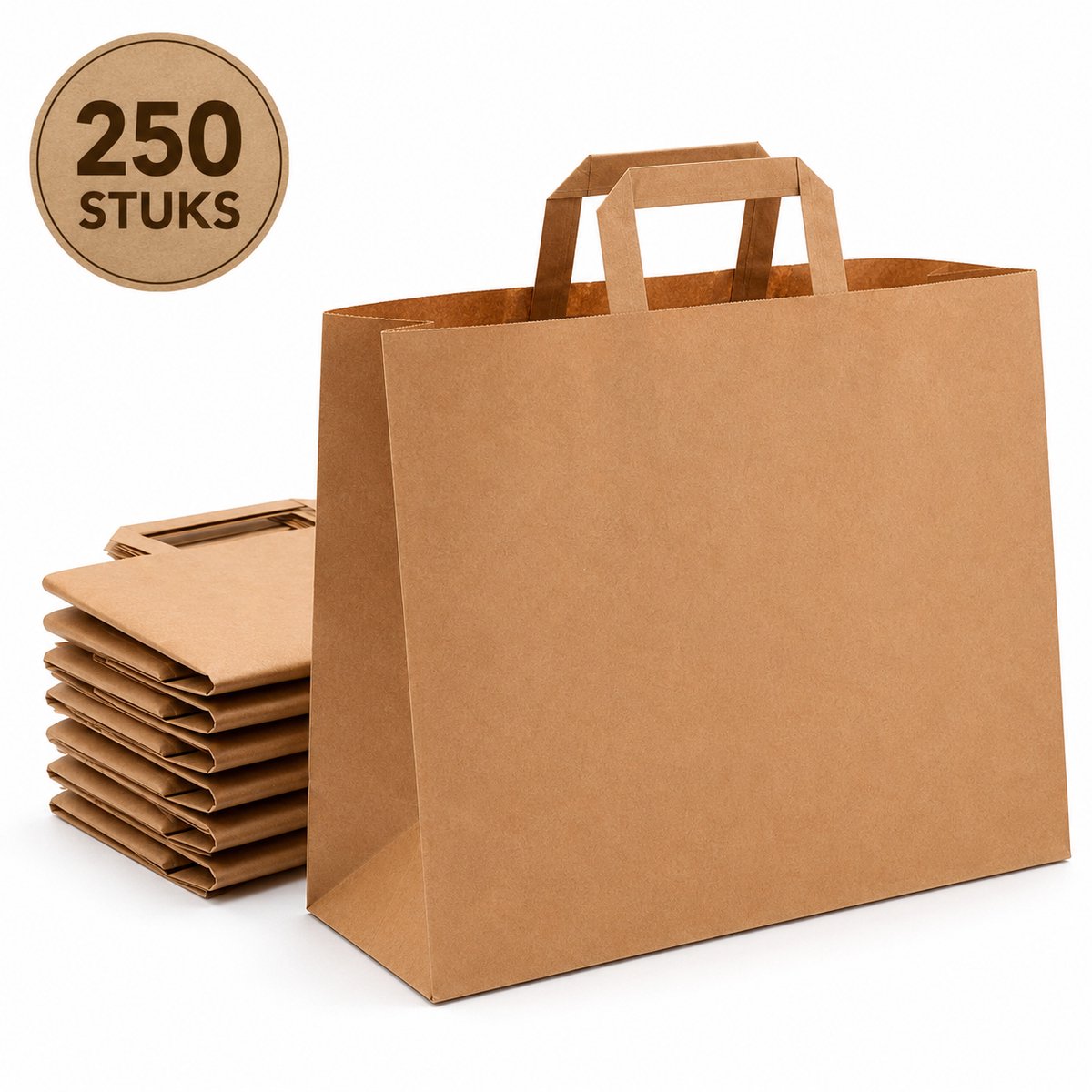 Papieren Draagtas | Groot | 32x17x27 cm | Bruin | 250 stuks