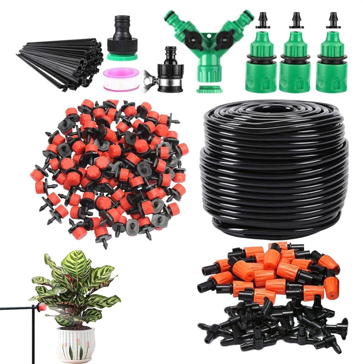 Druppelirrigatiesysteem - Tuinslang systeem - Planten water geven - Waterbesparend ontwerp - 50 meter slang - Zwart