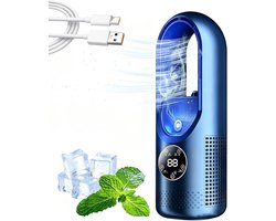 Ventilator zonder bladen met zes snelheden en verlichting - Draagbare - stille bureauventilator - Nachtlampje met zeven kleuren en timer - USB-opladen - Geschikt voor slaapkamer - thuis en op kantoor - Blauw - Afmetingen 30 x 12 x 12.3 cm
