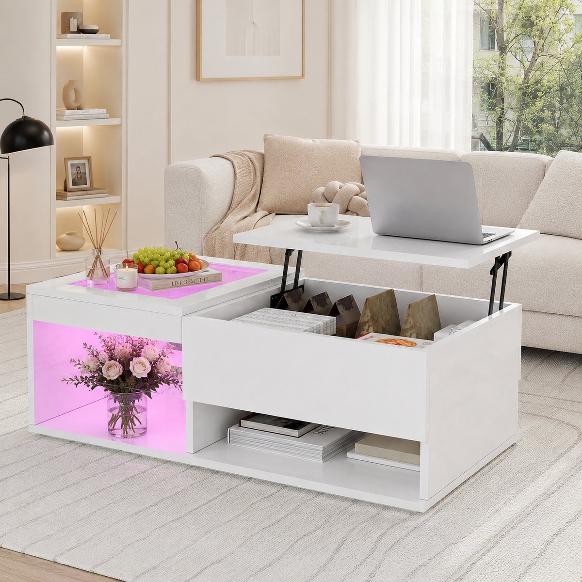 Salontafels Koffietafel - Salontafel met LED Verlichting - met verborgen opbergruimte en opklapbare deuren - Sterk 60kg - Woonkamer Tafel - 100x55x35 cm - Salon glanzende bijzettafel - Spaanplaat - Wit