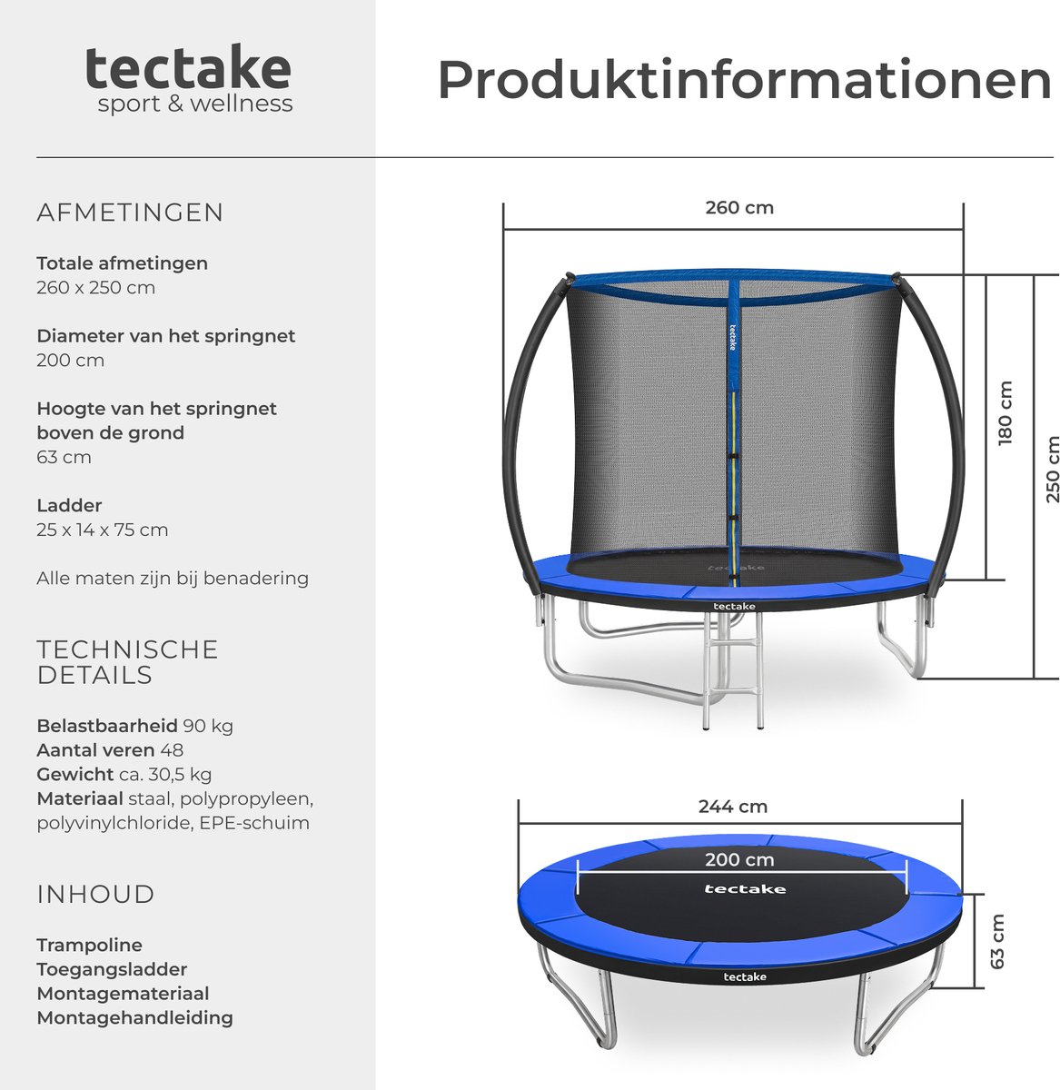 tectake® Trampoline met Veiligheidsnet en Trap - 244 cm - Veilig en Stevig - Voor buiten - Tuintrampoline - Fitnesstraining - Kindertrampoline — afbeelding 8