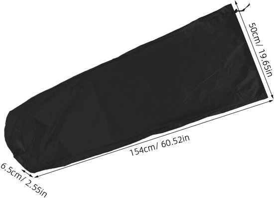 Zwarte ladderhoes met afmetingen: 154 cm lang, 50 cm hoog, 6,5 cm breed.