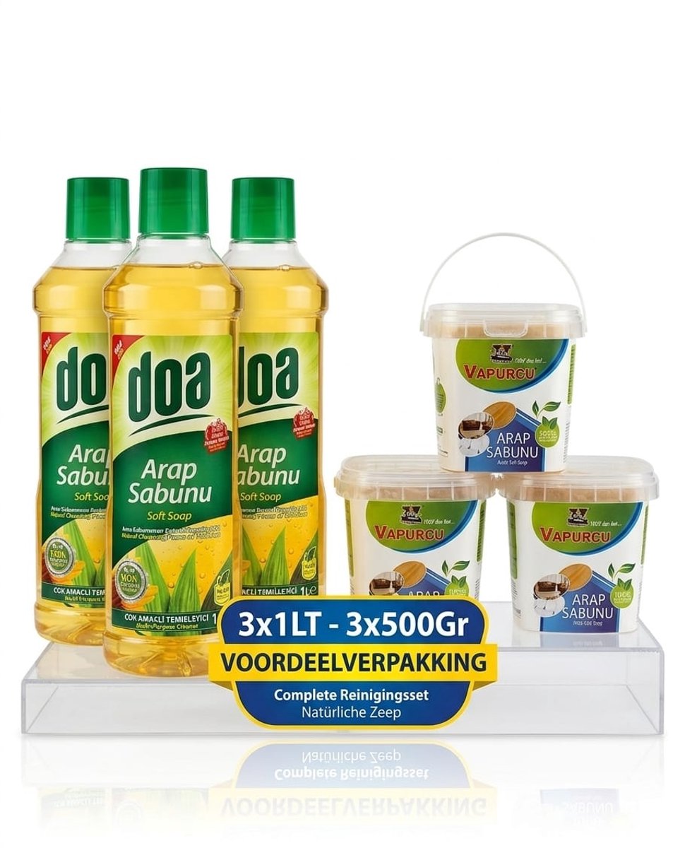 DOA Arab Soap & Vapurcu Arab Soap Cleaning Set – 3 x 1L Liquid Soap + 3 x 500g Paste Soap – Natural Multi-Purpose Cleaner – Value Pack