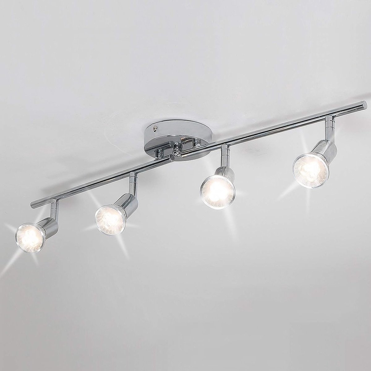 Oneay Moderne railverlichtingsset met 4 lampen, inbouwspots voor wand/plafond, LED-railverlichting met verchroomde draaibare lampkop voor keuken en woonkamer, 4 GU10-lampen (inbegrepen)