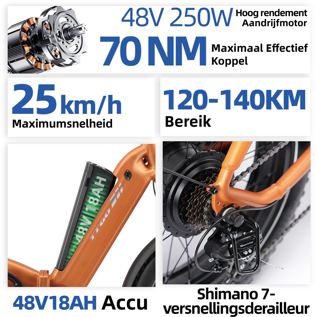 TTGO F6 Boost Elektrische Fiets – 250W Motor - 48V18Ah Lithium Accu – Actieradius tot 140 km – Hydraulische Schijfremmen – 20×4.0 inch Fatbike Banden - Shimano 7 Versnellingen - Vouwfiets - Oranje thumbnail 5