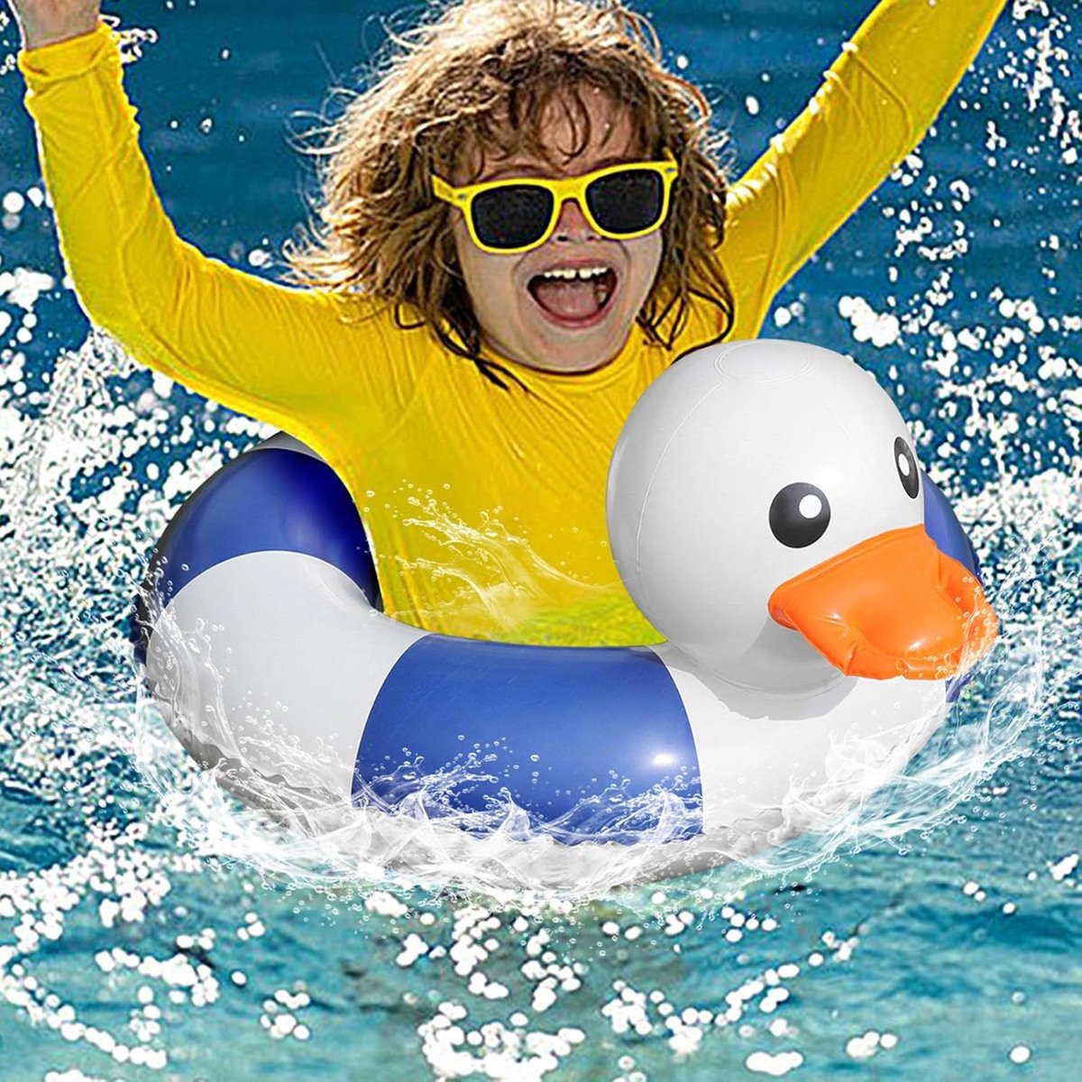 3D Eend Zwemring 70 cm Blauw-Wit Gestreept – Extra Dik Lekkagebestendig Zwemband, Geschikt voor Kinderen van 5 tot 9 Jaar voor Zwembad en Strand – foto 3