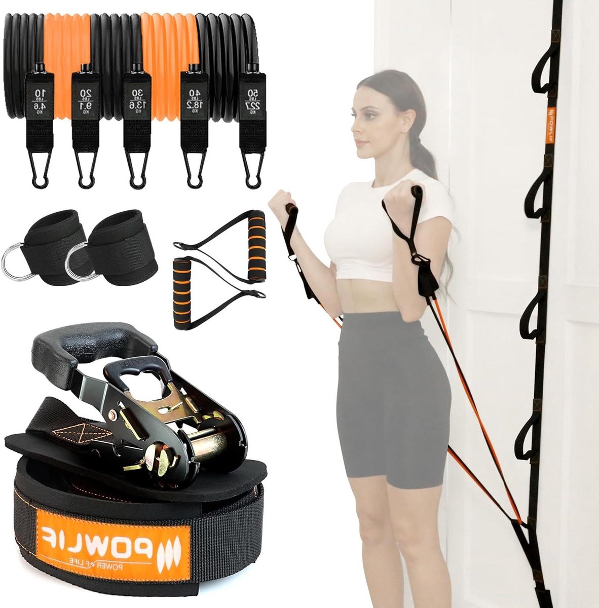 Deuranker Set - Fitness Accessoire - Krachttraining Thuis - Duurzaam Nylon Materiaal - Complete Set - Zwart Oranje