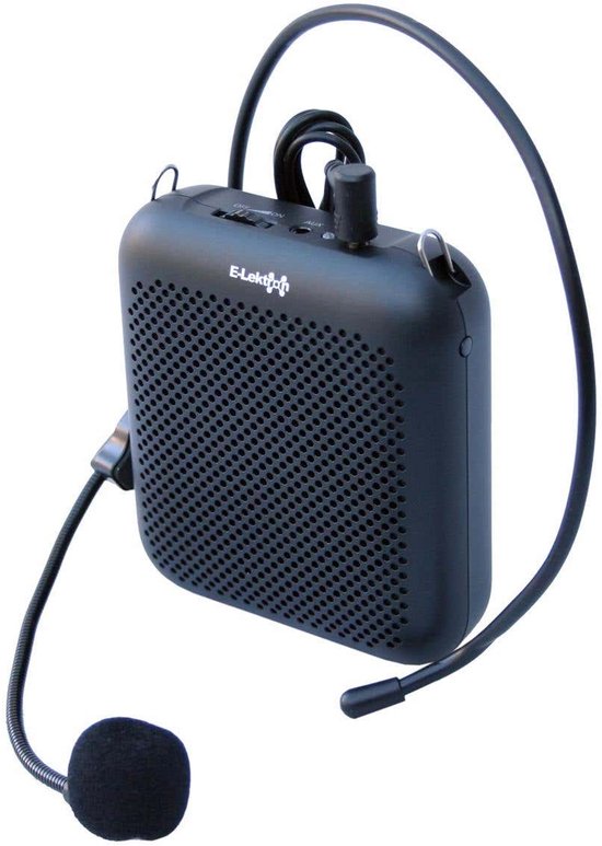 Zwarte draagbare spraakversterker met headsetmicrofoon en schouderbandlussen.
