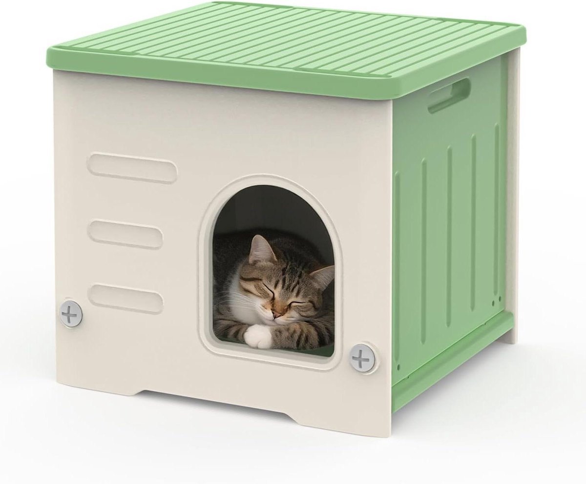 Kattenhuis Buiten - Dierenverblijf Kat - Bescherming Dieren - Stapelbaar Ontwerp - 35x35x32 cm - Groen